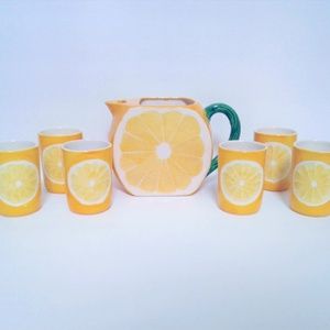 Vintage Lemon Pitcher Set With 6 Lemon Glasses Cup